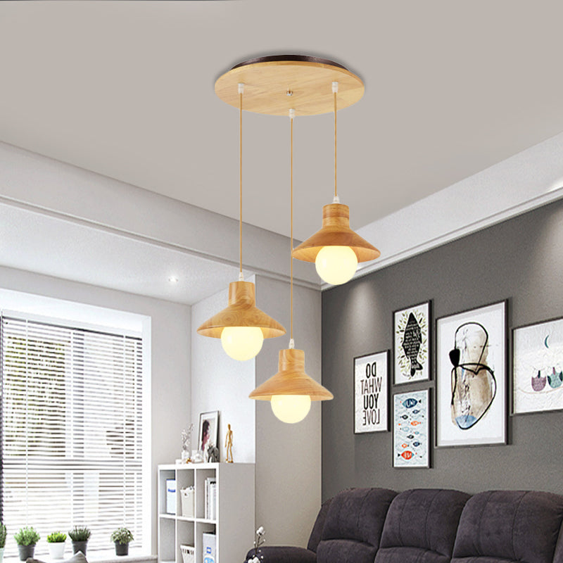 Beige Flare Multiple Hanging Light Nordic 3 Bulbs Natural Wood Ceiling Pendant over Dining Table