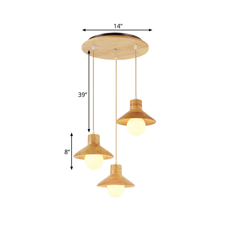 Beige Flare Multiple Hanging Light Nordic 3 Bulbs Natural Wood Ceiling Pendant over Dining Table