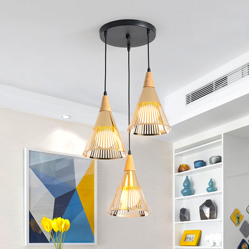 Diepe kegel kooi hanglampverlichting modern houten 3-licht goud multi-licht plafondlicht