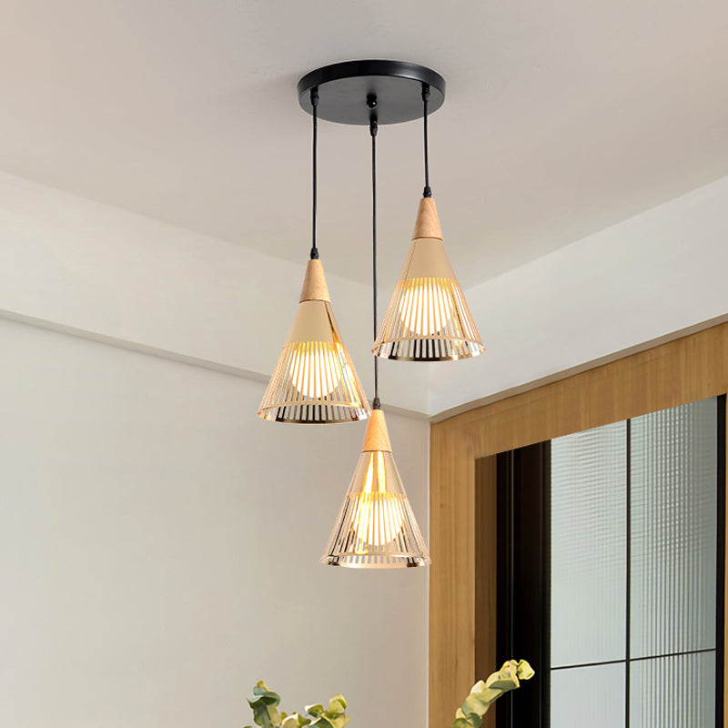 Deep Cone Cage Pendant Lighting Modern Wooden 3-Light Gold Multi Light Ceiling Light