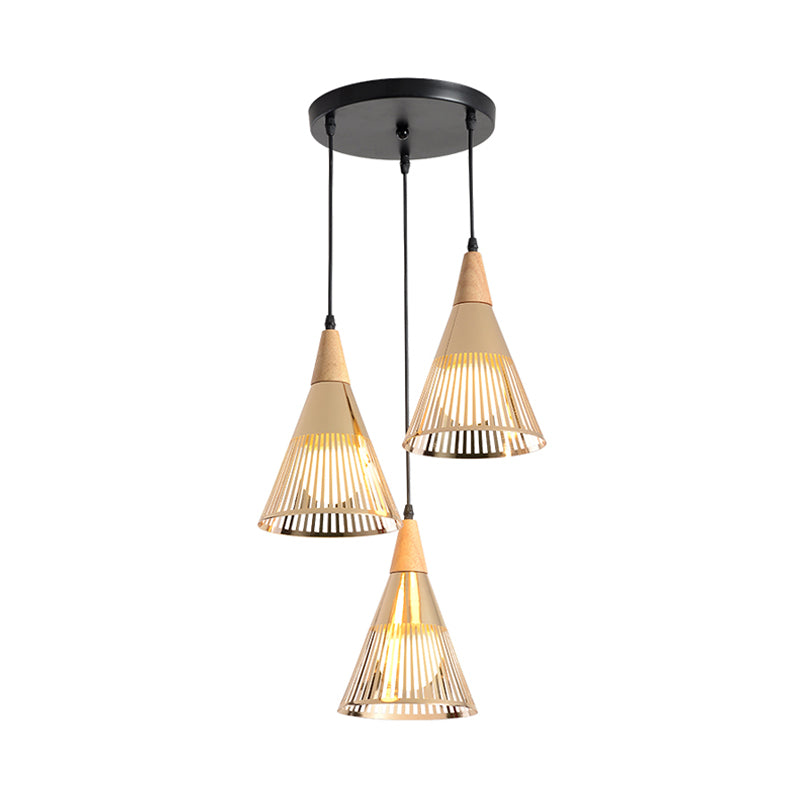 Deep Cone Cage Pendant Lighting Modern Wooden 3-Light Gold Multi Light Ceiling Light