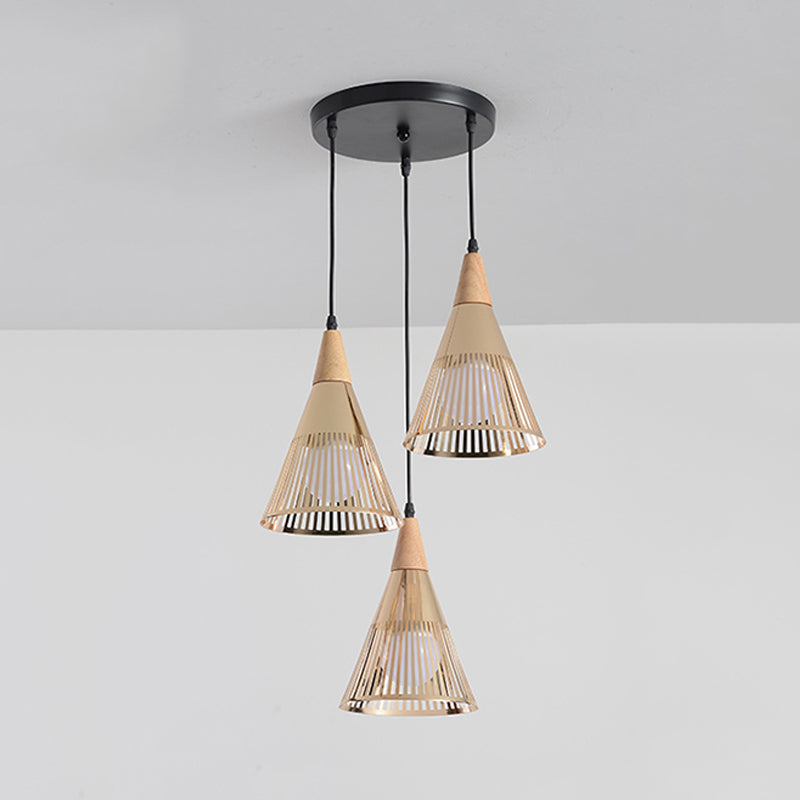 Deep Cone Cage Pendant Lighting Modern Wooden 3-Light Gold Multi Light Ceiling Light
