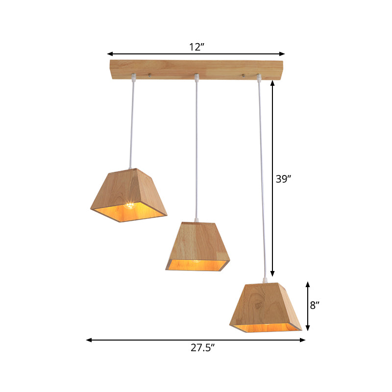 Wood Trapezoid Multi-Light Pendant Height Adjustable Nordic 3-Head Hanging Ceiling Light