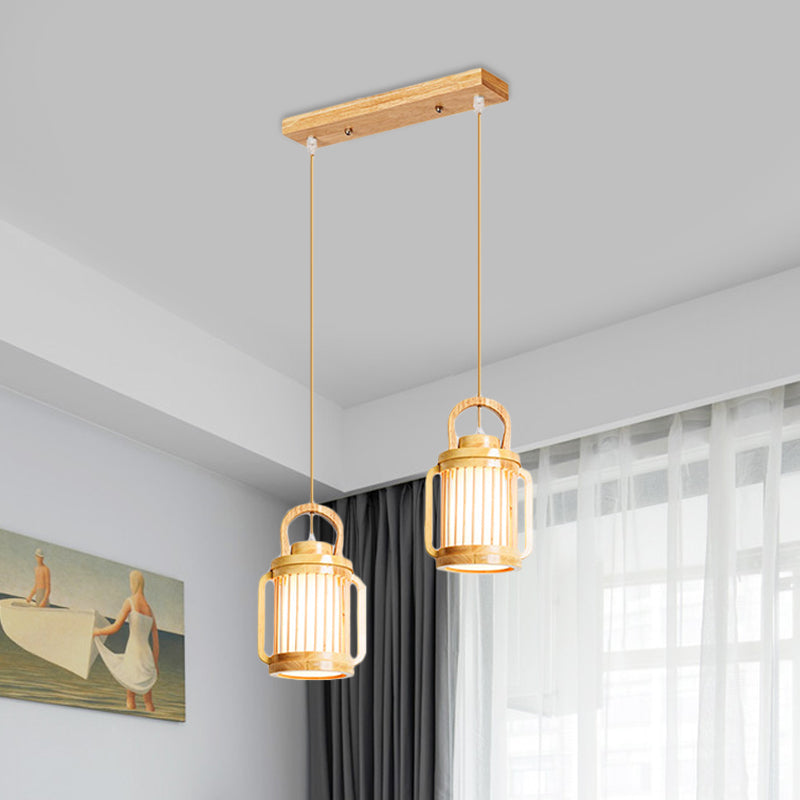 Noordse 2 koppen hangende lamp beige waterkan multi -light hanger verlichting met houten schaduw