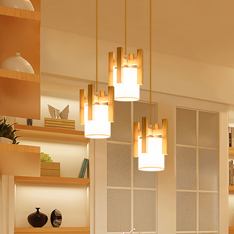 3 Lights Dinette Multi Light Pendant Modern Beige Ceiling Lamp with Column Fabric Shade and Wood Fence Top
