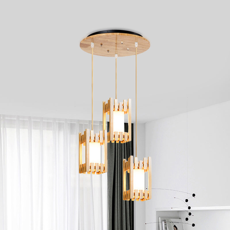 Houten cluster arbor hanger Aziatische 3 bollen beige plafondophanging lamp met ingebouwde stoffen lampenkap