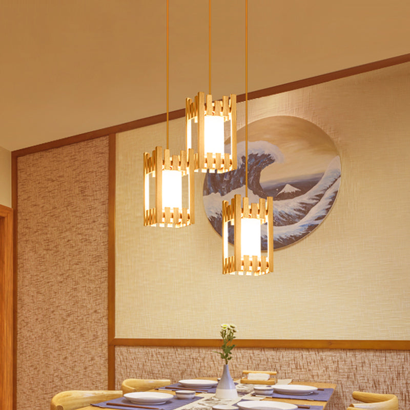 Wooden Cluster Arbor Pendant Asian 3 Bulbs Beige Ceiling Suspension Lamp with Inserted Fabric Lampshade