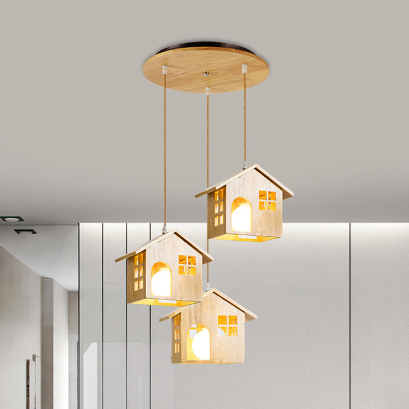 Huis multi hangende lamp armatuur lodge houten 3 hoofden beige hanger lamp boven eettafel