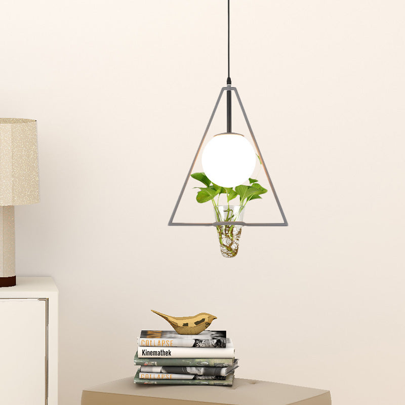 White Glass Globe Down Lighting Industrial 1-Light Restaurant Pendant in Black/Grey/Gold with Triangle Cage and Plant Pot