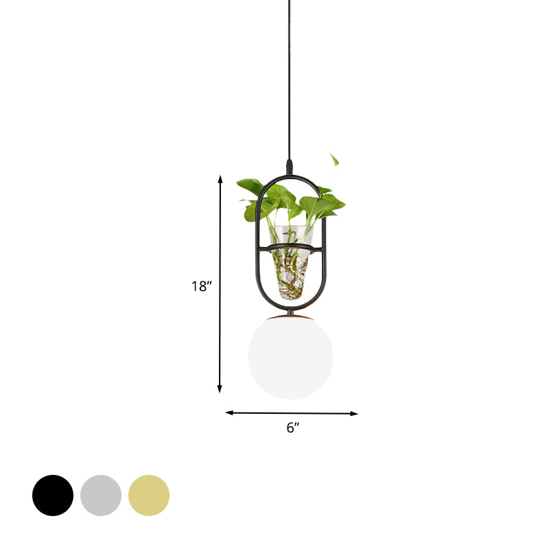 Elliptical Iron Pendant Lamp Loft 1 Light Bedroom Hanging Light in Black/Grey/Gold with Sphere Cream Glass Shade and Plant Cup