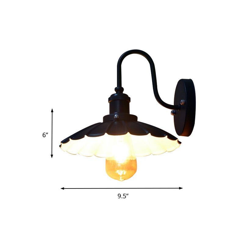 Gooseneck Metal Wall Sconce Light Industrial 9.5"/13" W 1 Light Corridor Wall Lamp with Scalloped Shade in Black