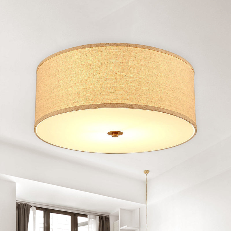 1 Bulb Dining Room Ceiling Lamp Minimalist Flaxen Flushmount with Drum Fabric Lampshade