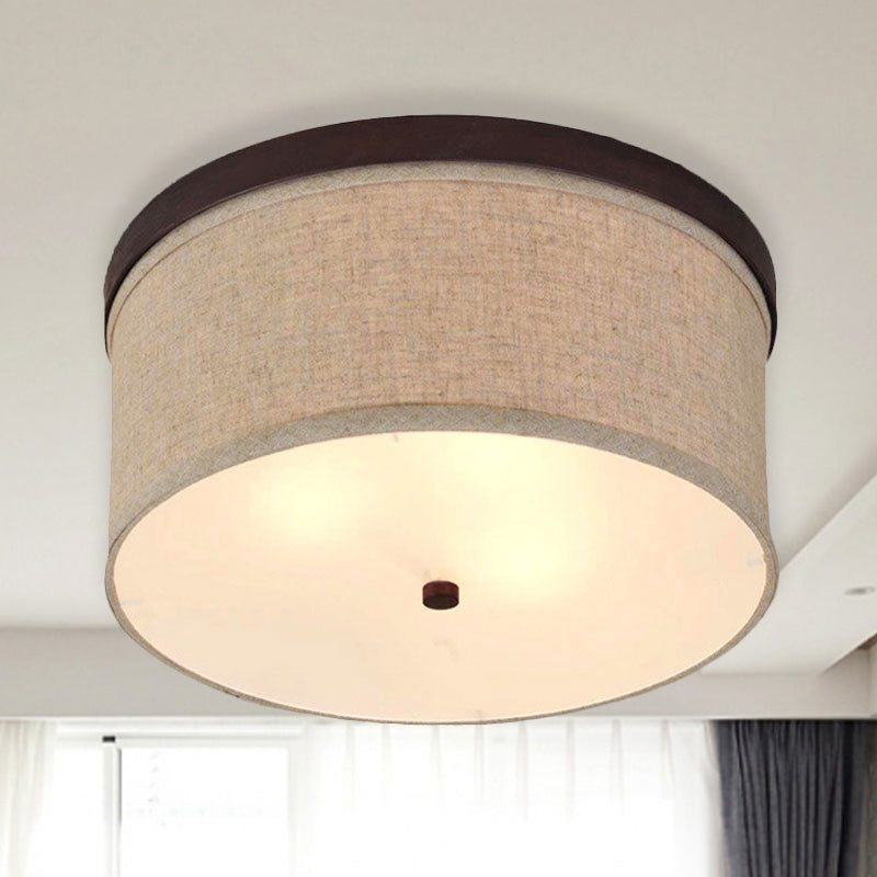 Simple 3-Light Flush Mount Flaxen Drum Ceiling Lighting with Fabric Shade and Diffuser