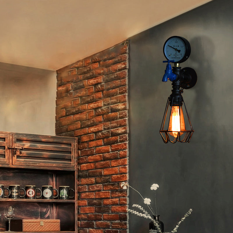 Industrial Diamond Cage Wall Lamp 1 Light Wrought Iron Wall Lighting with Gauge and Faucet in Silver/Blue