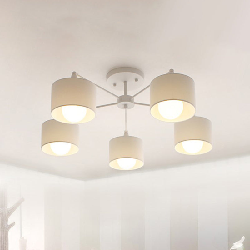 Korte cilinder semi -spoelmount lamp Noordse stof 5 lampen slaapkamer plafondbevestiging kroonluchter in wit