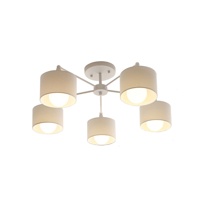Korte cilinder semi -spoelmount lamp Noordse stof 5 lampen slaapkamer plafondbevestiging kroonluchter in wit
