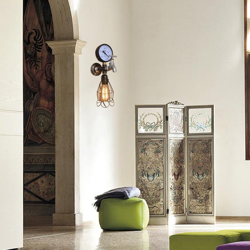 Industrial Diamond Cage Wall Lamp 1 Light Wrought Iron Wall Lighting with Gauge and Faucet in Silver/Blue