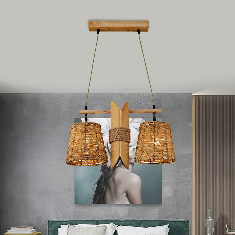 Conic Restaurant Island Ceiling Light Farm Rattan 2 Heads Beige Pendant Lamp with Bamboo Tube Decor