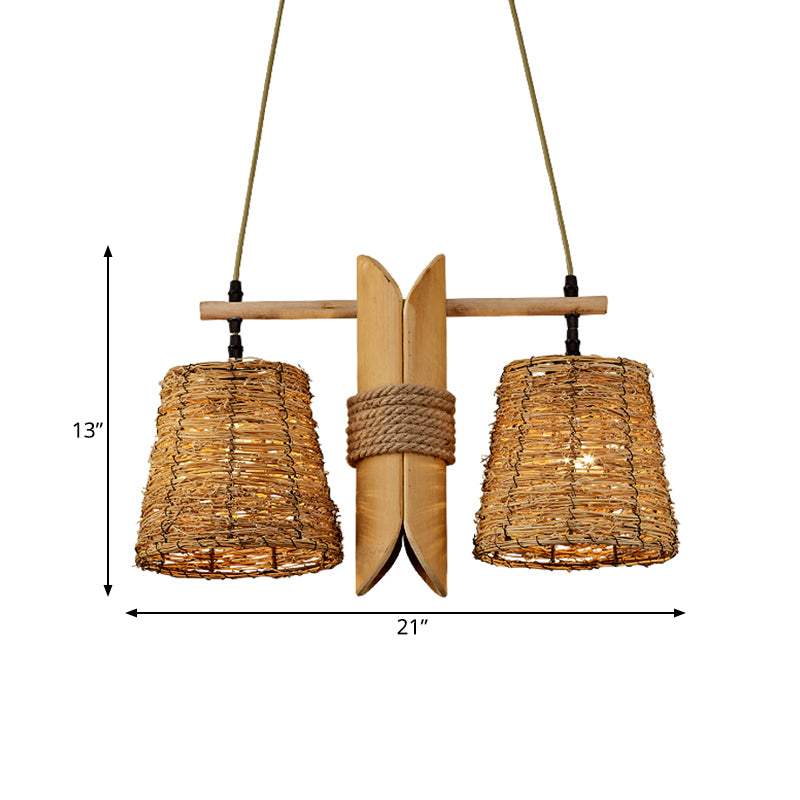 Conic Restaurant Island Ceiling Light Farm Rattan 2 Heads Beige Pendant Lamp with Bamboo Tube Decor