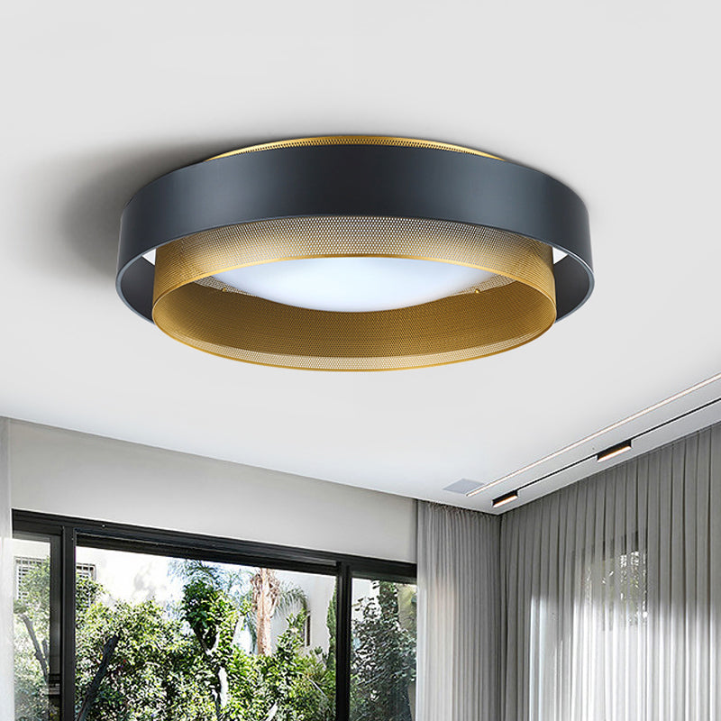 2-Circle Metal Surface Ceiling Light Vintage 2-Light Black/White-Brass Flush Mount Fixture with Mesh Screen, 18"/24.5" W