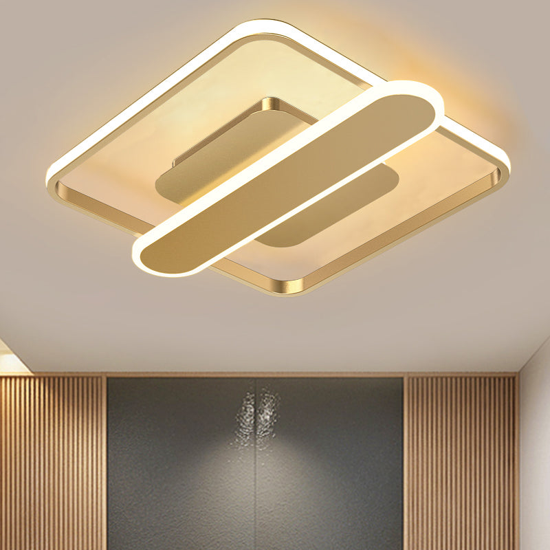 Aluminum Thin Square Frame Ceiling Lamp Contemporary Black/Gold/White LED Flush-Mount Light Fixture with Crossbar, 16.5/20.5 Inches Wide