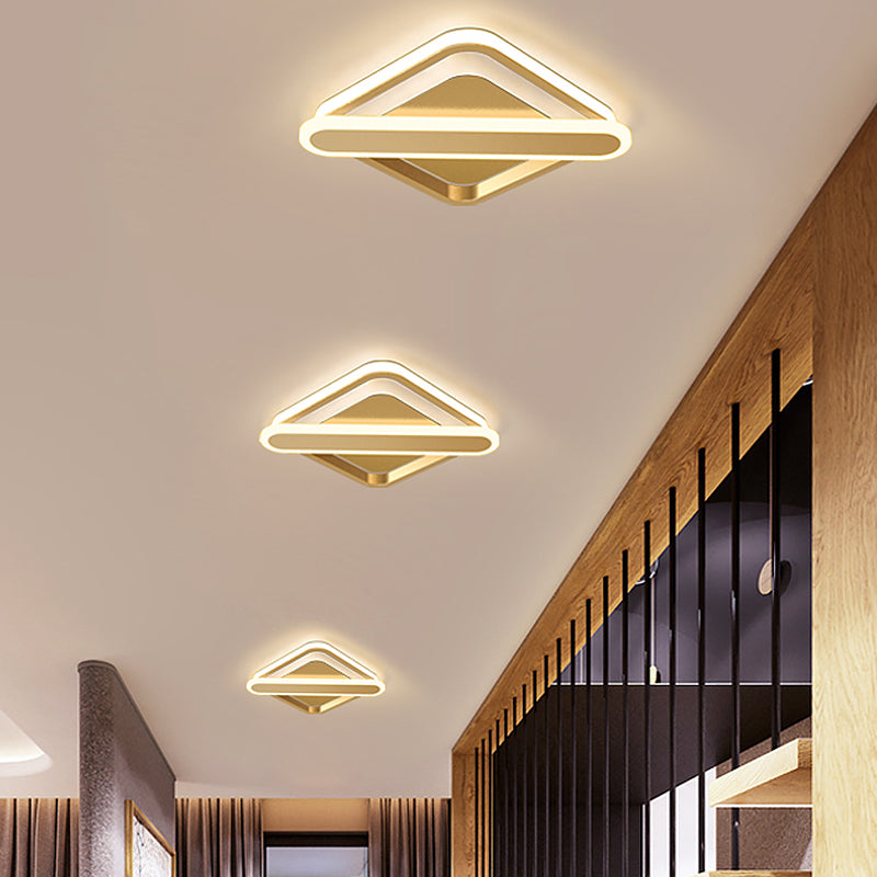 Rhombus-Oblong Foyer Flush Light Iron Modernism LED Ceiling Mounted Lighting Fixture in Black/Gold/White