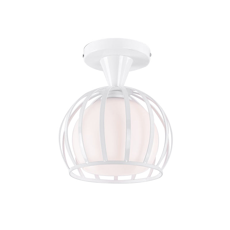 Opal Glass Half Globe Semi Flush Light Modern 1 Head White Ceiling Mount Lamp with Wire Cage Guard