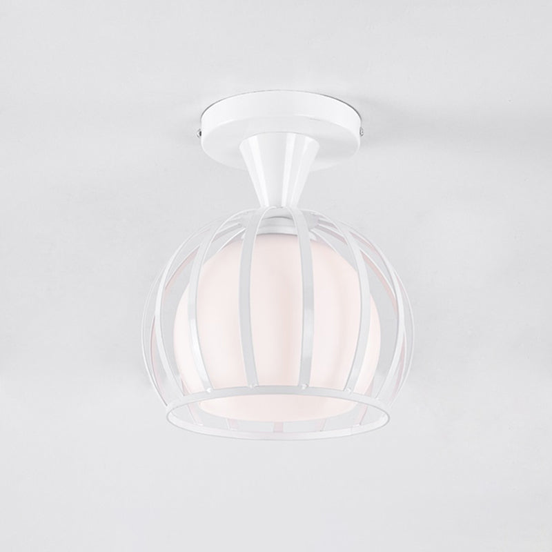 Opal Glass Half Globe Semi Flush Light Modern 1 Head White Ceiling Mount Lamp with Wire Cage Guard