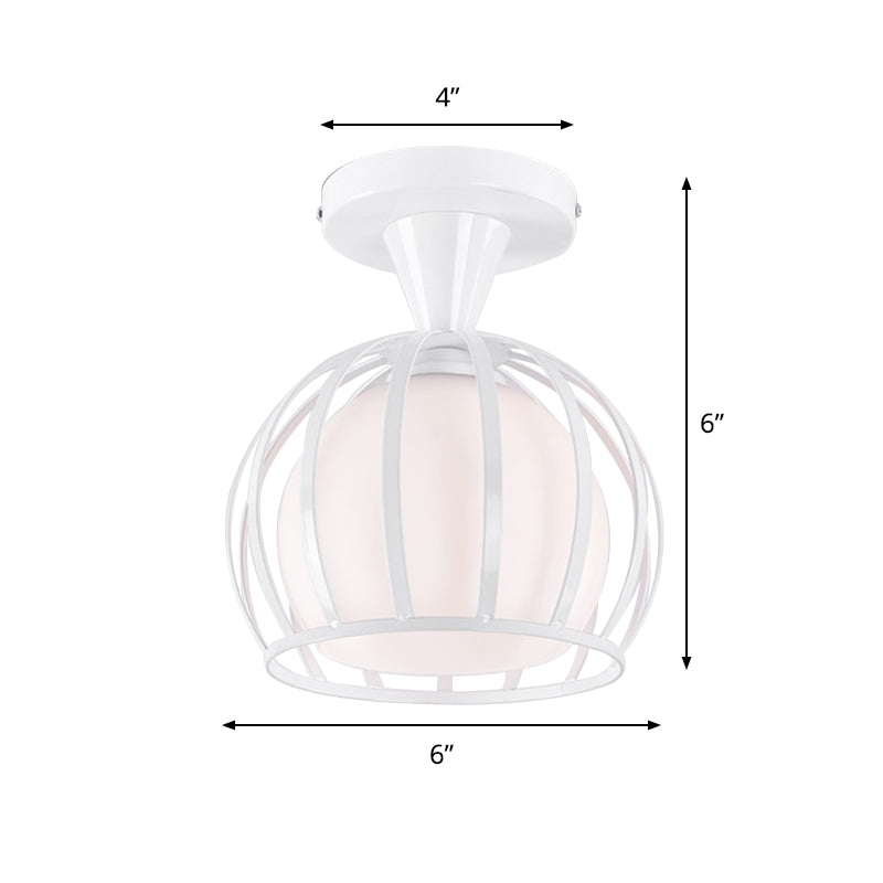 Opal Glass Half Globe Semi Flush Light Modern 1 Head White Ceiling Mount Lamp with Wire Cage Guard