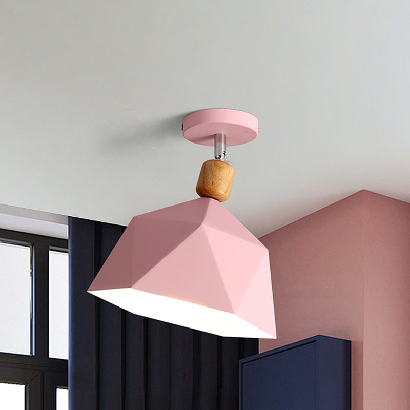 Pivot Shade Faceted Dome Flush Light Macaron Metal Single Apartment Semi Flush Mount Ceiling Fixture in Pink/Gold-Wood