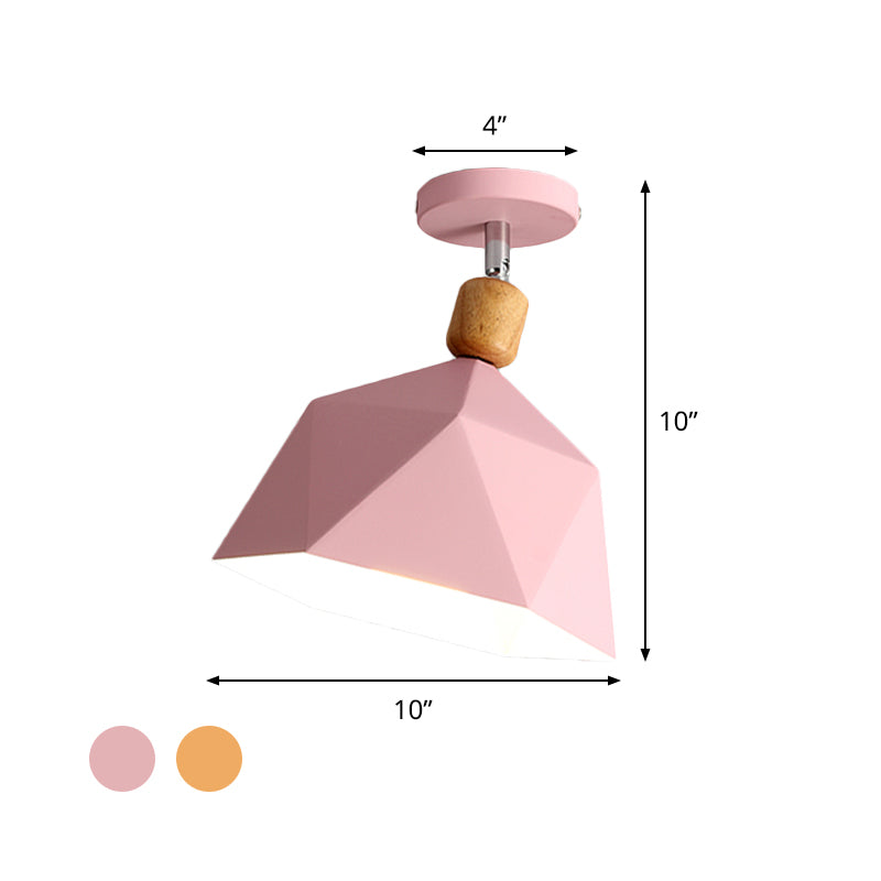 Pivot Shade Faceted Dome Flush Light Macaron Metal Single Apartment Semi Flush Mount Ceiling Fixture in Pink/Gold-Wood