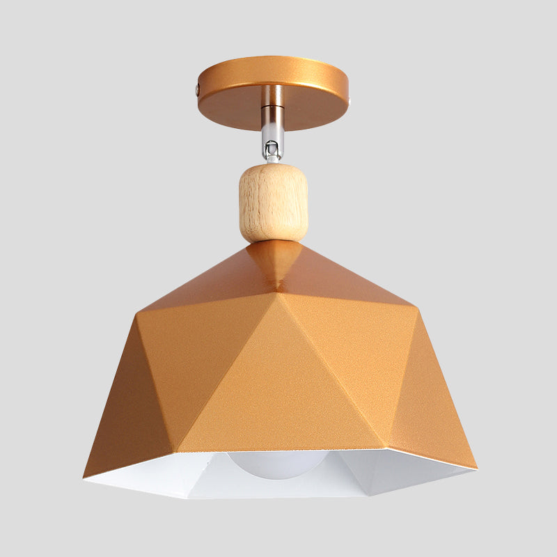 Pivot Shade Faceted Dome Flush Light Macaron Metal Single Apartment Semi Flush Mount Ceiling Fixture in Pink/Gold-Wood