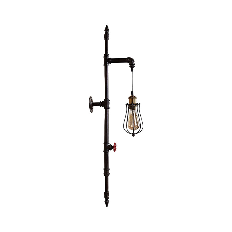 Rustic Stylish Wire Guard Wall Hanging Light with Water Pipe 1 Light Iron Wall Sconce in Black for Living Room
