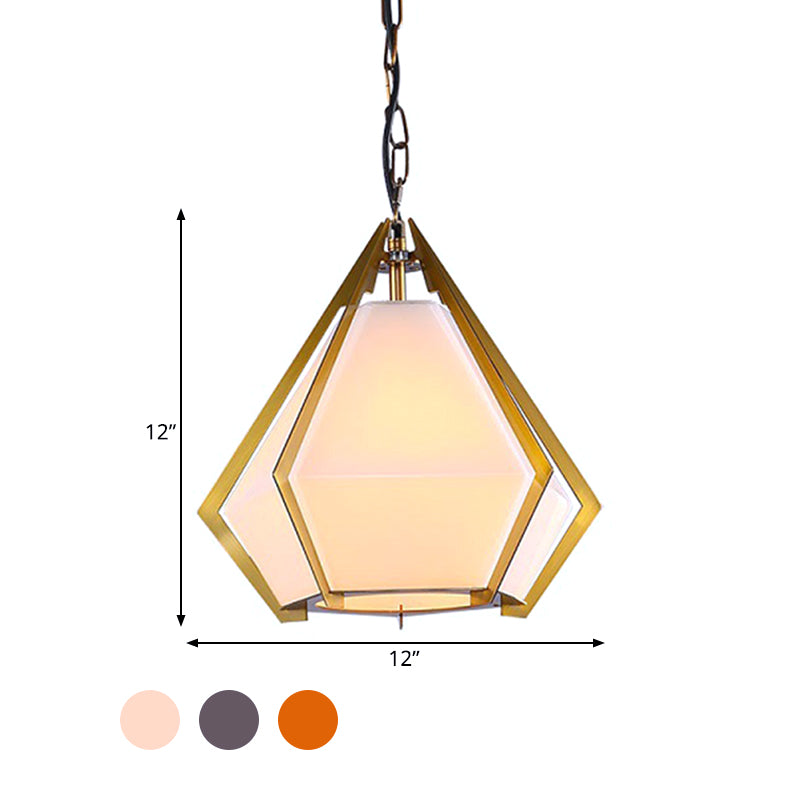 Diamond Restaurant Ceiling Pendant Lamp Colonialism White/Smoke Gray/Tan Glass 1 Bulb Gold Hanging Light Fixture