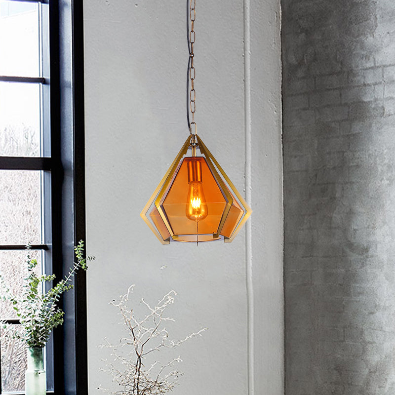 Diamond Restaurant Ceiling Pendant Lamp Colonialism White/Smoke Gray/Tan Glass 1 Bulb Gold Hanging Light Fixture
