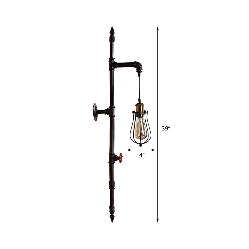 Rustic Stylish Wire Guard Wall Hanging Light with Water Pipe 1 Light Iron Wall Sconce in Black for Living Room