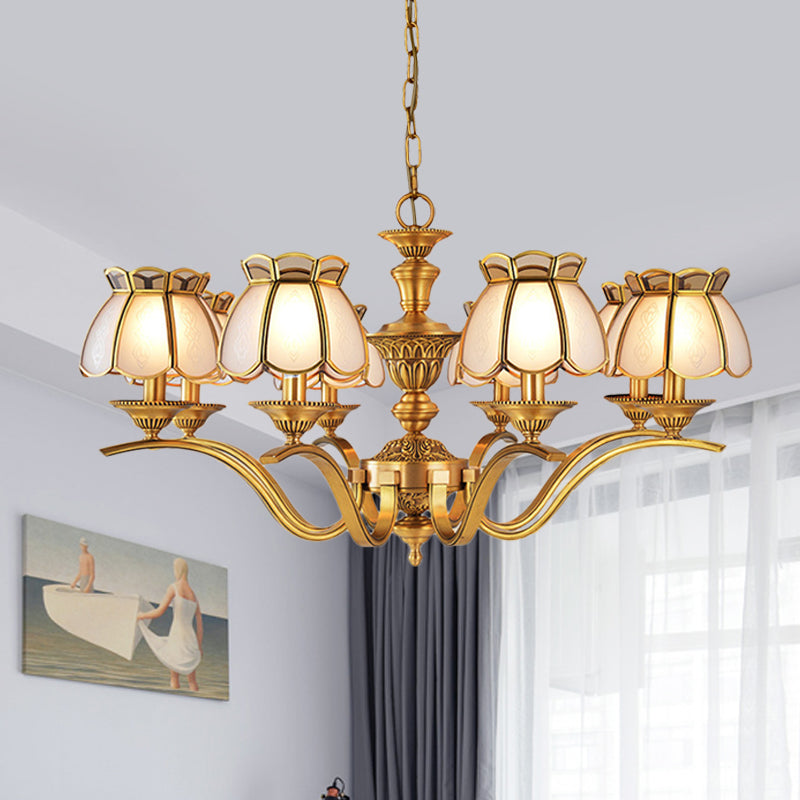 8 Heads Scalloped Pendant Chandelier Colonialist Gold Frosted White Glass Hanging Ceiling Light