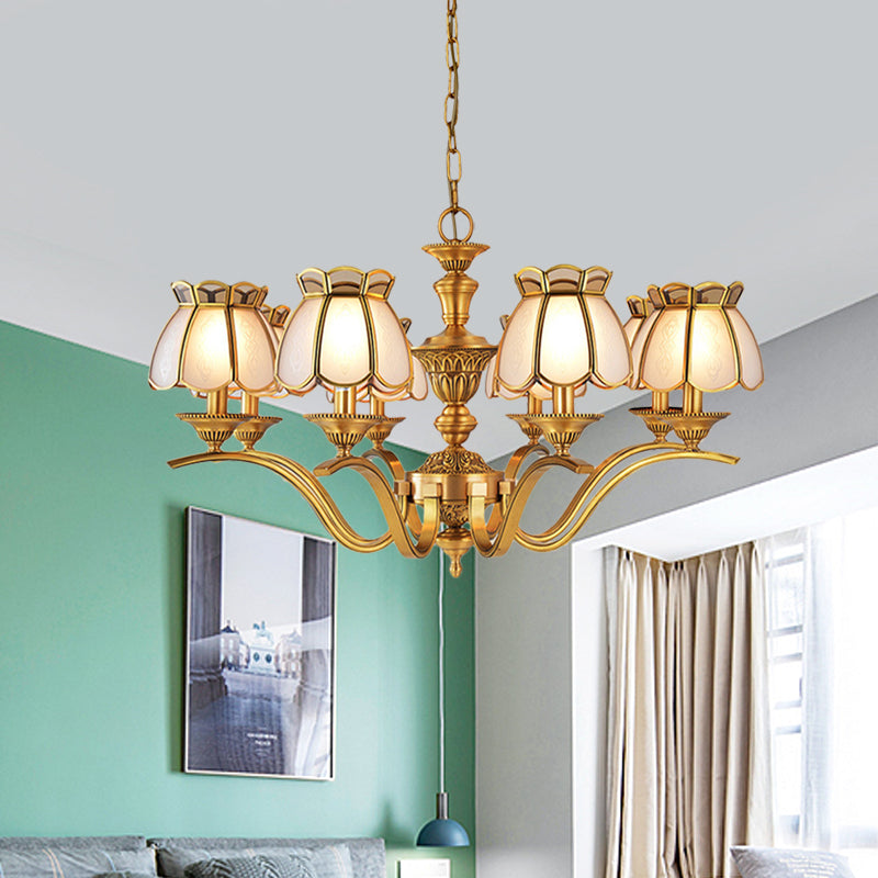 8 Heads Scalloped Pendant Chandelier Colonialist Gold Frosted White Glass Hanging Ceiling Light