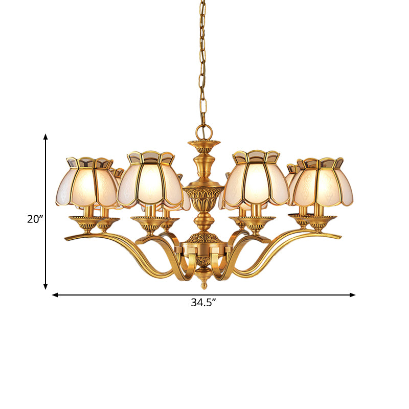 8 Heads Scalloped Pendant Chandelier Colonialist Gold Frosted White Glass Hanging Ceiling Light