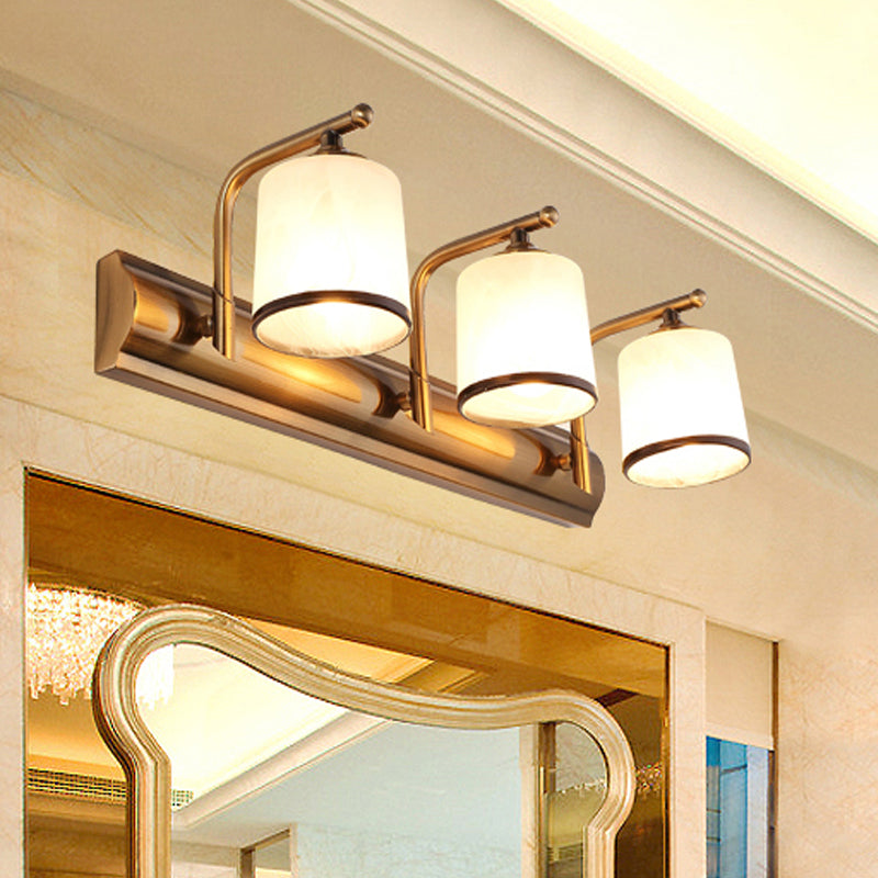 2/3 Lights Column Vanity Lighting Colonial Gold Frosted White Glass Wall Sconce Light Fixture for Bathroom