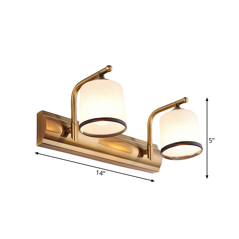 2/3 Lights Column Vanity Lighting Colonial Gold Frosted White Glass Wall Sconce Light Fixture for Bathroom