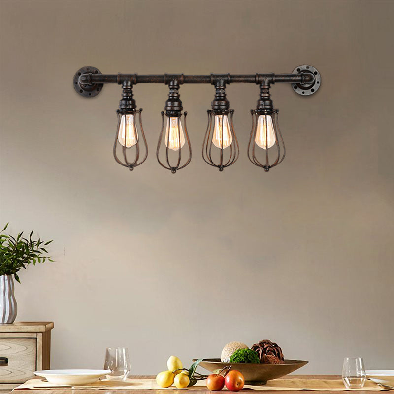 Nautical Bulb Shaped Wall Mount Light with Wire Cage and Pipe 4 Lights Metal Sconce Lighting in Bronze