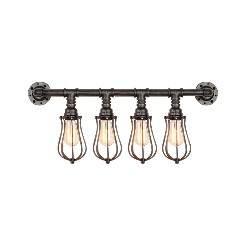 Nautical Bulb Shaped Wall Mount Light with Wire Cage and Pipe 4 Lights Metal Sconce Lighting in Bronze