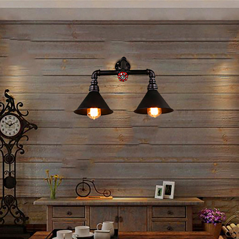 Vintage Style Cone Wall Lamp with Water Pipe 2 Lights Metallic Wall Sconce Light in Black, 14.5/18.5" Width