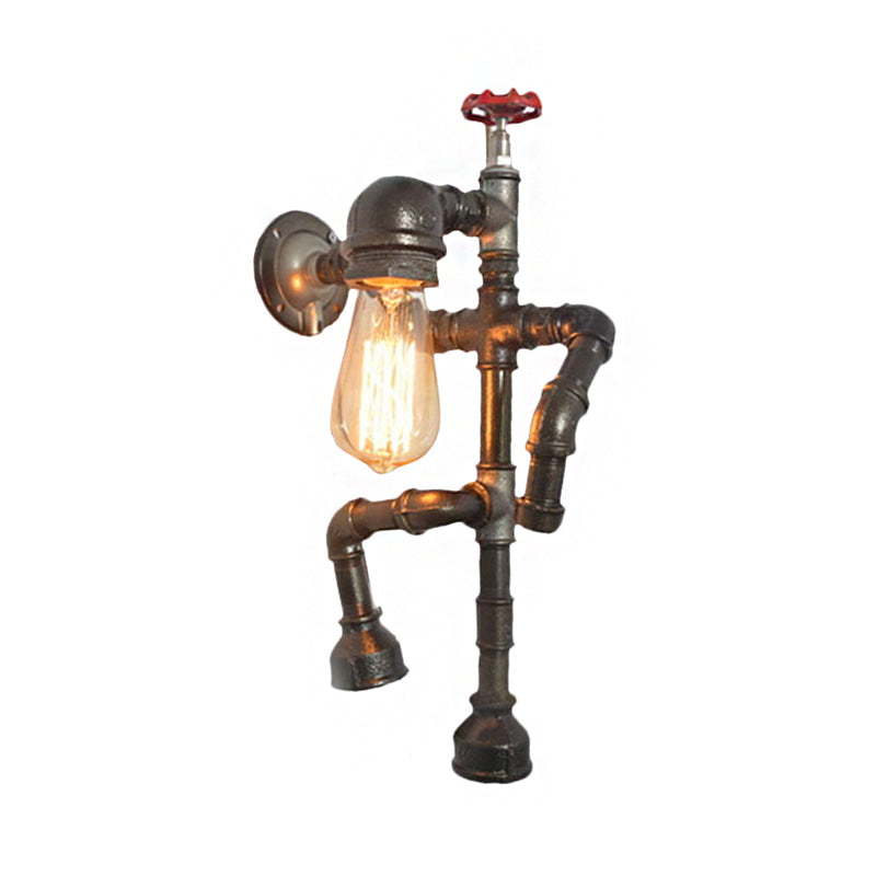 Bronze Finish Robot Sconce Light with Expose Bulb and Red Valve Vintage Metallic 1 Head Hallway Wall Lighting