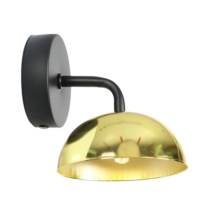 1 Light Wall Sconce Industrial Dome Shade Metal Down Wall Light with Curved Arm in Black/Brass for Bedroom