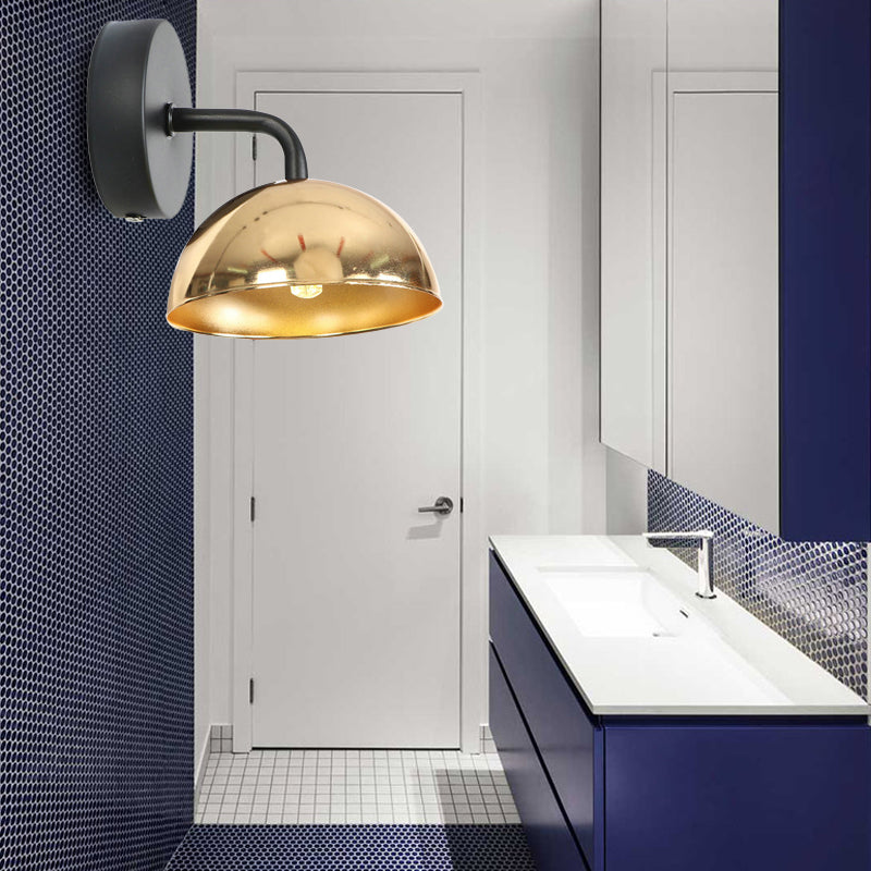 1 Light Wall Sconce Industrial Dome Shade Metal Down Wall Light with Curved Arm in Black/Brass for Bedroom