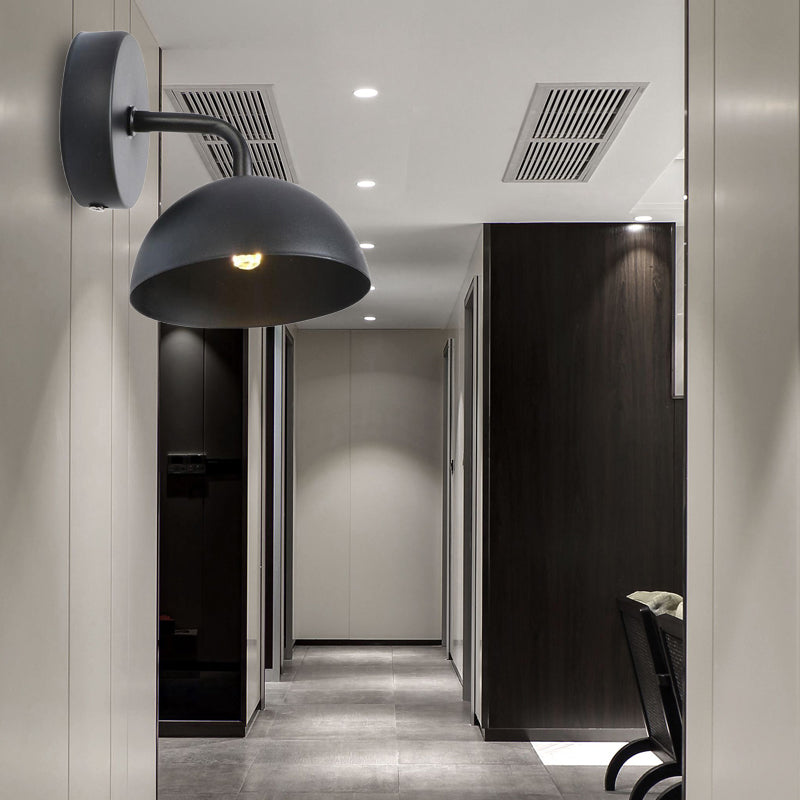 1 Light Wall Sconce Industrial Dome Shade Metal Down Wall Light with Curved Arm in Black/Brass for Bedroom