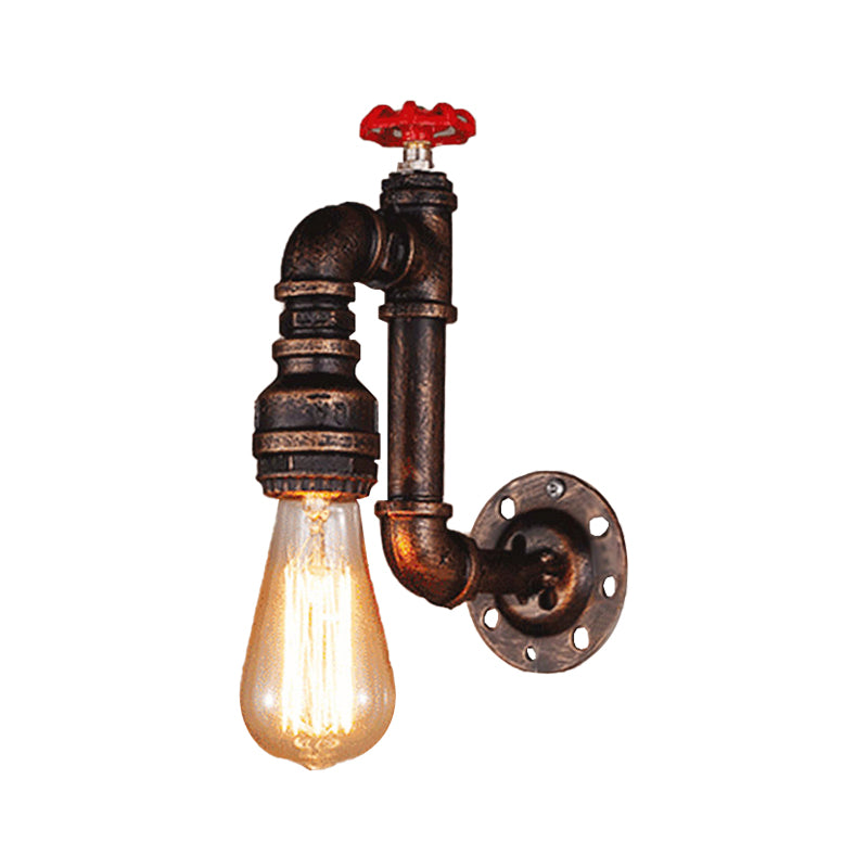 Rustic Style Piped Wall Sconce with Valve Wheel 1 Bulb Wrought Iron Wall Mounted Light in Bronze