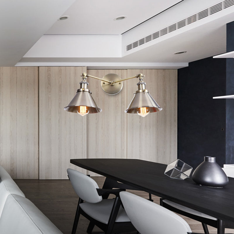 Tapered Shade Iron Wall Mount Fixture Industrial Vintage 2 Heads Farmhouse Wall Mount Light in Black/Brass